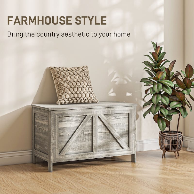 Gray Wood Grain Farmhouse Storage Bench with Flip Top Cabinet Multi Functional Chest for Entryway Bedroom and Living Room