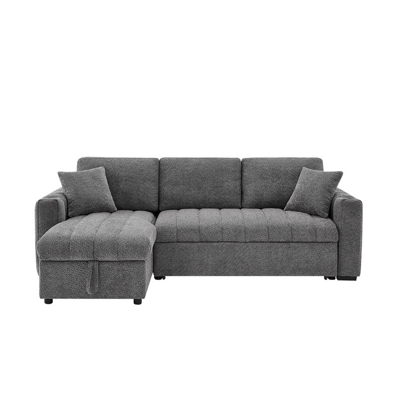 Seraphina 101"W Gray Chenille Fabric Reversible Sleeper Sectional Sofa w/Storage Chaise, Cupholders, USB Port, Throw Pillows