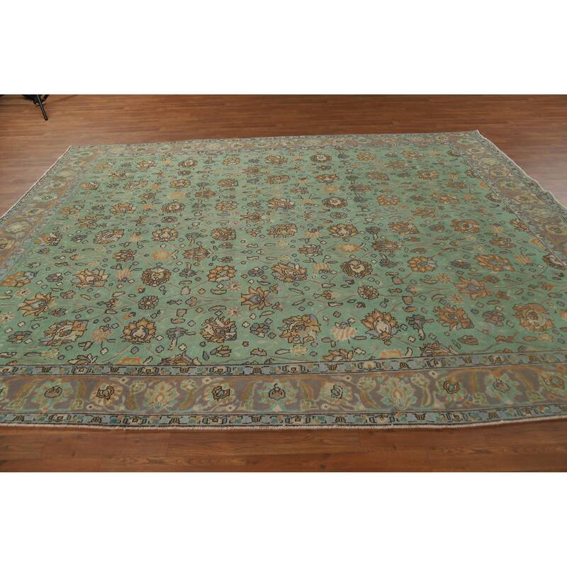 Hand Knotted Oriental 100% Wool Carpet Traditional All-Over Green Tabriz Area Rug - 10' 10'' X 8' 7''