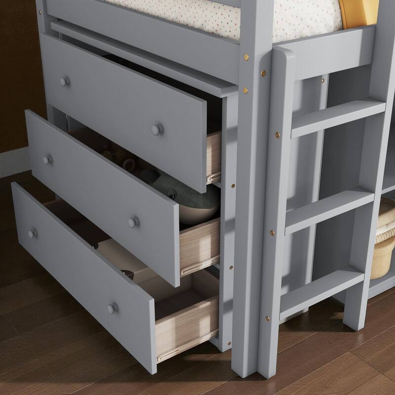 Twin Size Rubber Wood Loft Bed with Pull-Out Desk, Drawer Cabinet, and Shelf Storage, Safety Guardrails and Ladder
