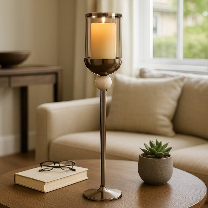 Metal Marble Floor Candle Holder Elegant Sculptural Hurricane