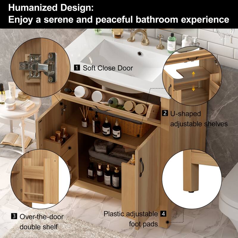 30" Wood Bathroom Vanity with Solid Wood Frame - 2 Soft-Close Doors, 1 Flip Drawer, Adjustable Shelf (Sink Not Included)