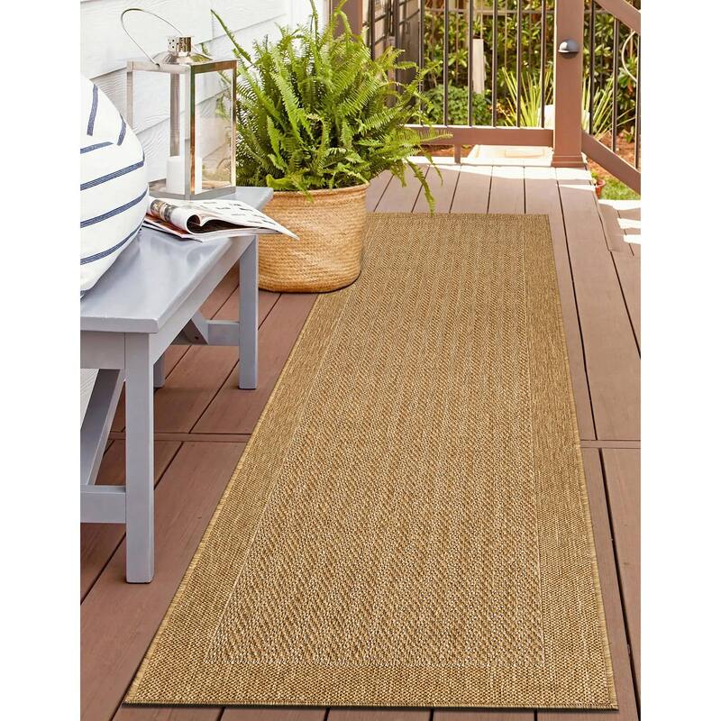 World Rug Gallery Contemporary Bordered Weather Resistant Reversible Indoor/Outdoor Area Rug - 2' x 7' - Natural