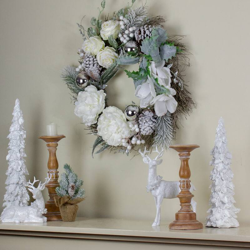White Silver Floral Flocked Pine Artificial Grapevine Wreath 24"