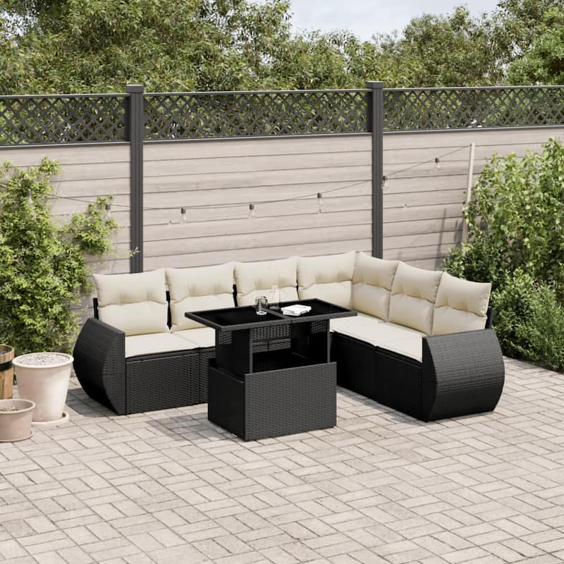 vidaXL Patio Sofa Set with Cushions Outdoor Furniture 7 Piece Poly Rattan - 21.7 x 39.4 x 28.7 - Black and Cream-without storage