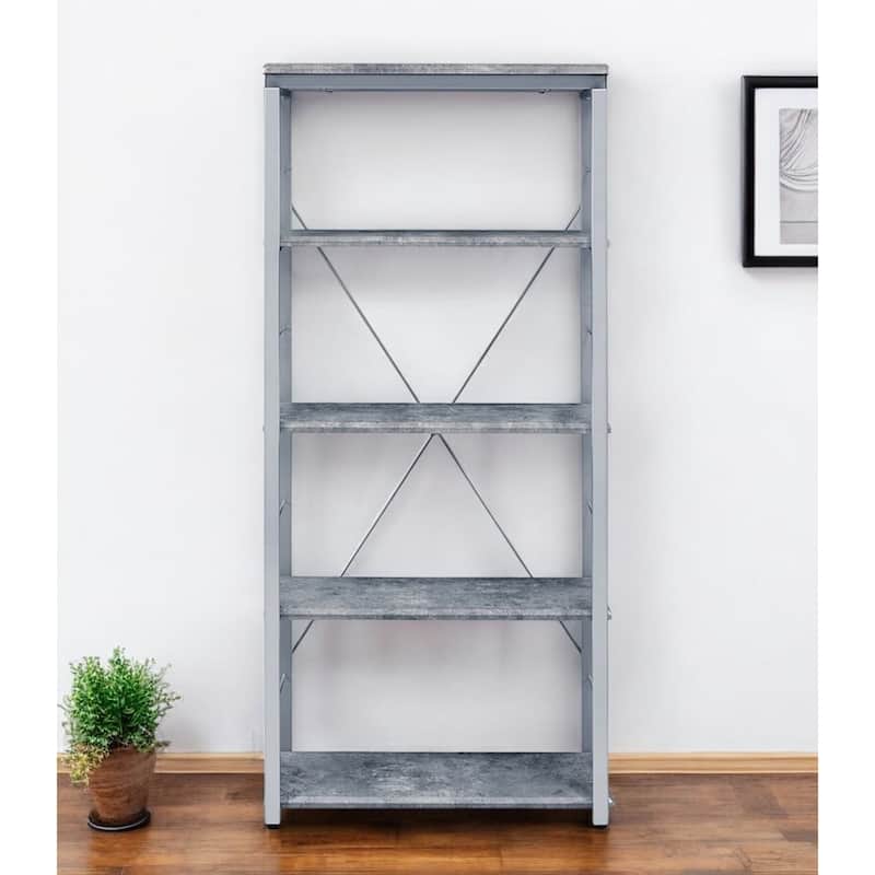 HomeRoots 54" Gray And Silver Metal and Wood Four Tier Etagere Bookcase - Gray and Silver