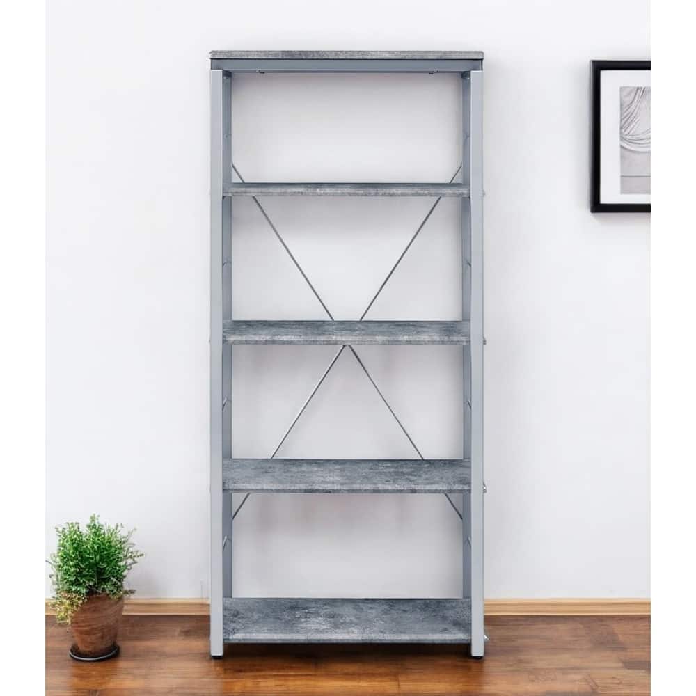HomeRoots 54" Gray And Silver Metal and Wood Four Tier Etagere Bookcase