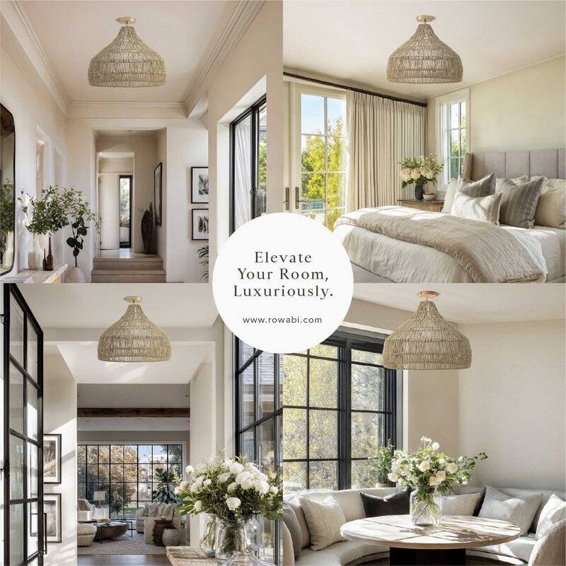 Dreamy Flush Mount Light - Palm Fibers & Brown 1-Light Dome Ceiling Light for Bedroom or Hallway in Modern, Mid-Century Style