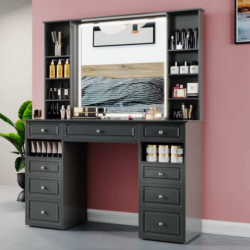Modern Vanity Set with Lighted Mirror,Extra Large Mirror Makeup Vanity Table with 9 Drawers,European Style Vanity