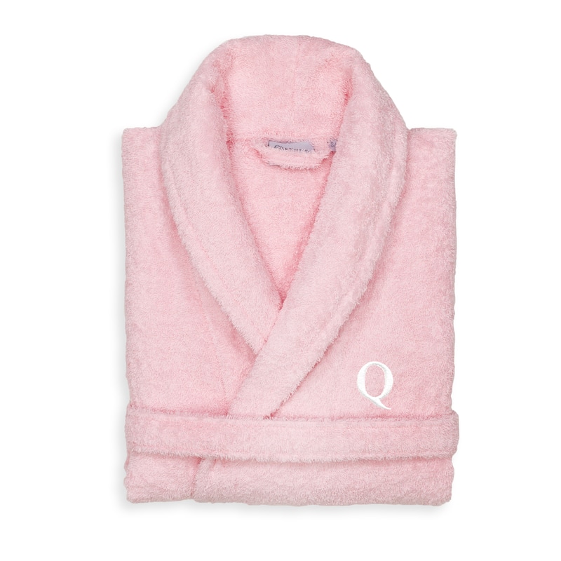 Authentic Hotel and Spa Unisex Pink Turkish Cotton Terry Bath Robe with White Block Monogram - L/XL - Q