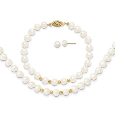 Curata 14k Yellow Gold 5-6mm Cultured Pearl Earrings, 7.25"Bracelet and 18"Necklace Set