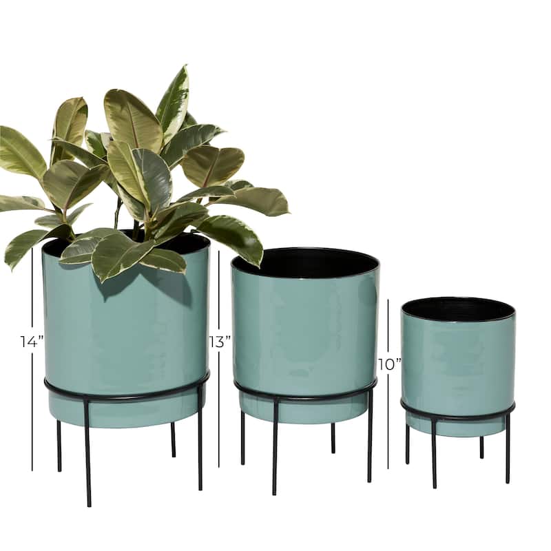 Metal Indoor Outdoor Planter with Removable Black Stand - Set of 3 Gray or Teal - Roche River Decor