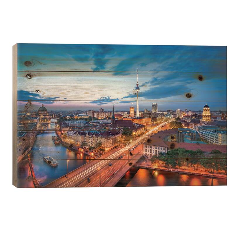 Berlin Skyline With Nikolaiviertel And Berlin Television Tower (Fernsehturm Berlin) At Night Print On Wood by Jan Becke - 26x40x1.5