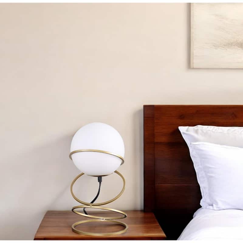 Matte Gold Metal Spiral Base Table Lamp with White Glass Globe Shade - 7” x 7” x 13.5” (D x W x H)