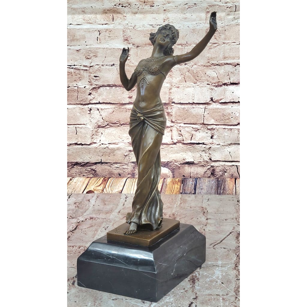 Art Deco Bronze Dancing Woman Sculpture On Marble Base Elegant Figurine