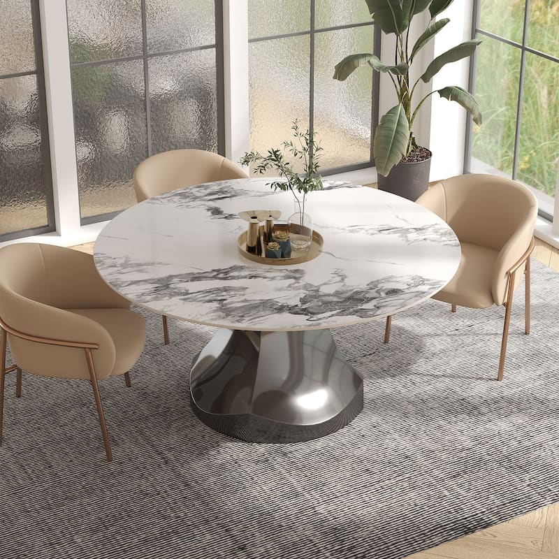 Modern Round Rock Stone Top Gunmetal Grey Stainless Steel Pedestal Dining Table