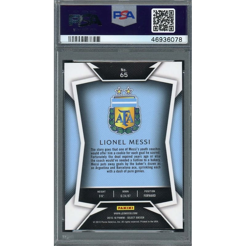 Lionel Messi 2015 Panini Select Striped Jersey Soccer Graded Card #65 PSA 10 - 8'6" x 11'6"