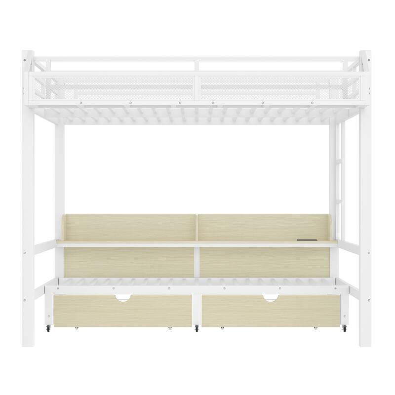 Multifunctional Queen over Queen Bunk Bed with USB Ports, LED Lights, Storage Shelves and Drawers, Lower Bed Converted into Sofa