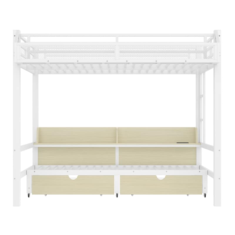 Queen over Queen Bunk Bed with Storage Shelves & Drawers, USB Ports & LED Lights, Convertible Sofa Lower Bed