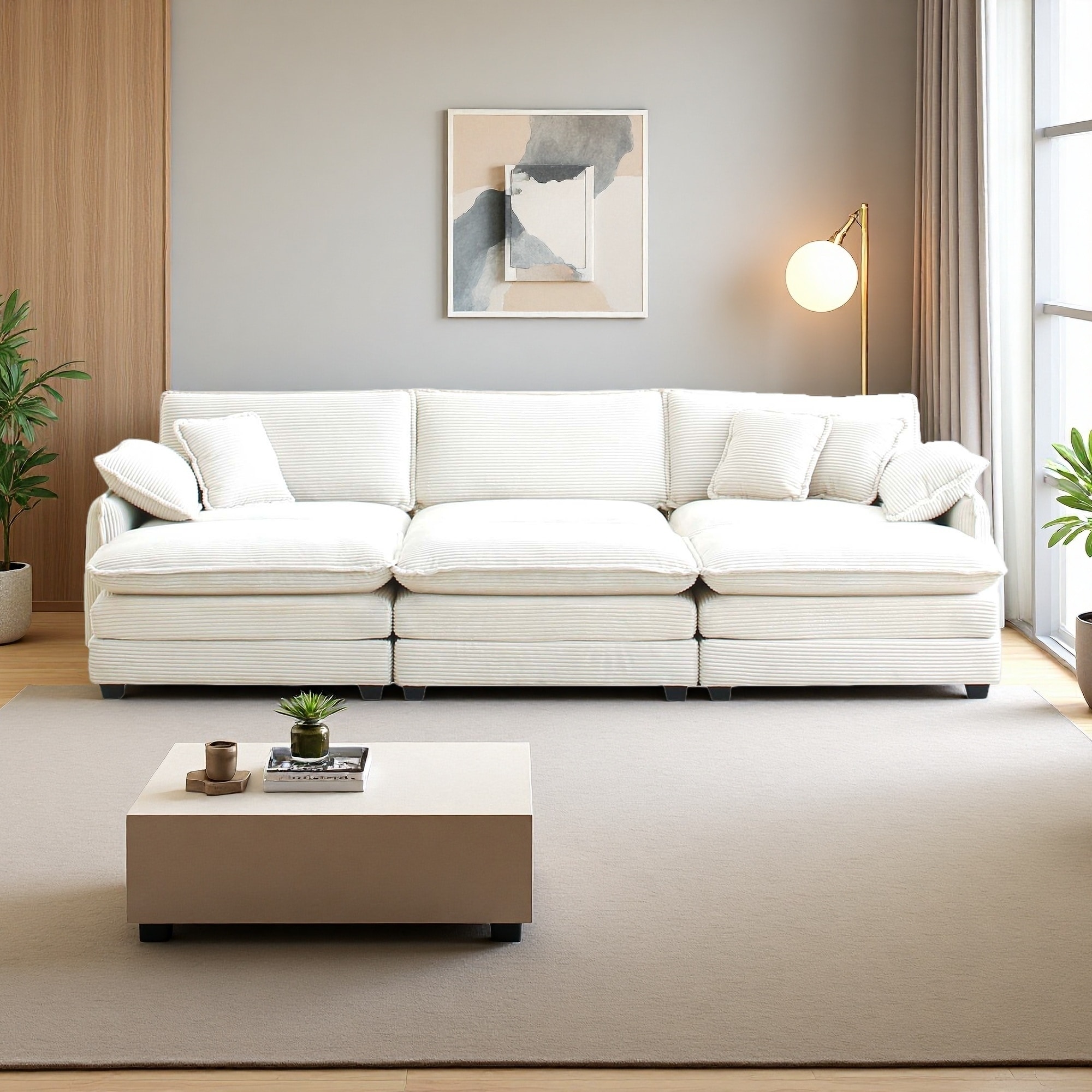 115.34" Oversized Modular Corduroy Sleeper Sofa Set with 3 Convertible Ottoman Beds (3-Seater)