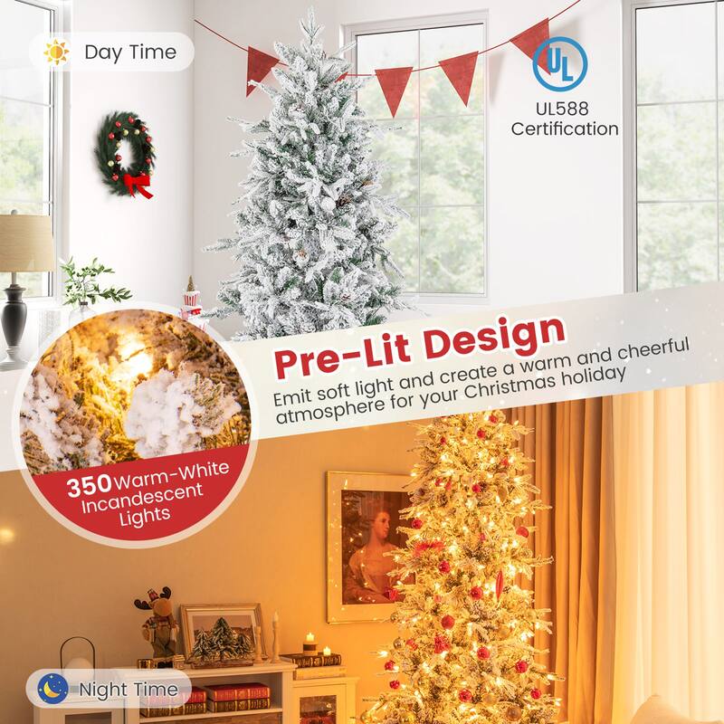 Gymax 7.5 FT Pre-Lit Artificial Christmas Tree Snow-Flocked Hinged