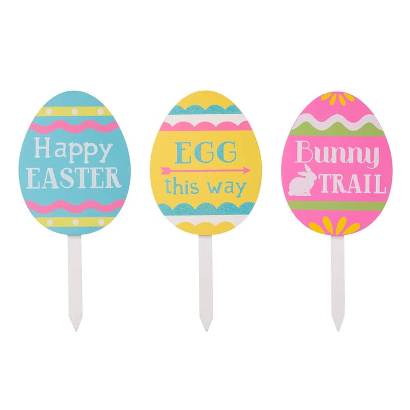 Glitzhome Set of 3 Easter Eggs Wooden Sign Yard Stakes - Easter Eggs