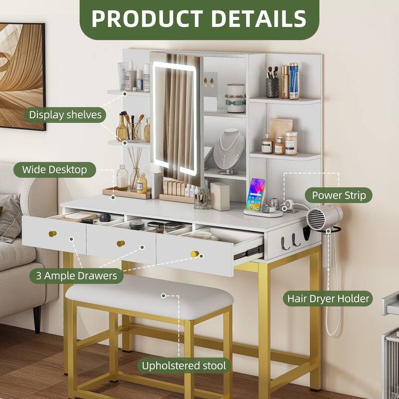 Moasis 3 Drawers Makeup Vanity Desk Set with Lights and Mirror & Stool