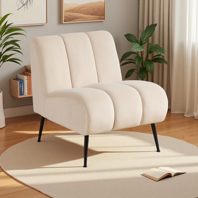 Velvet Armless Accent Chair with Black Metal Legs - Beige