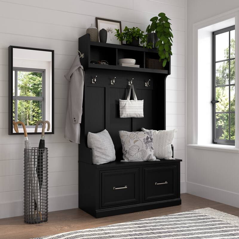 Woodland 40W Hall Tree and Shoe Bench with Doors by Bush Furniture - Black Suede Oak
