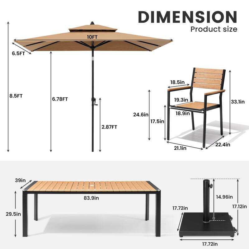 9/11-Piece Patio Dining Set Aluminum Dining Table and Chairs w/10 ft Market Umbrella and Base with Wheels