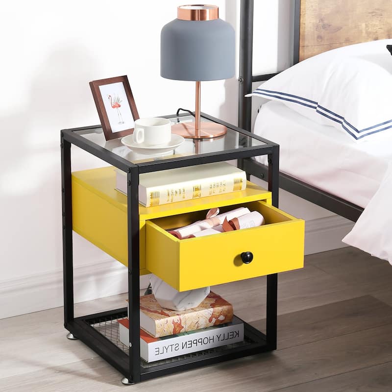 VECELO Modern Square Nightstands Set of 2 with Tempered Glass Top