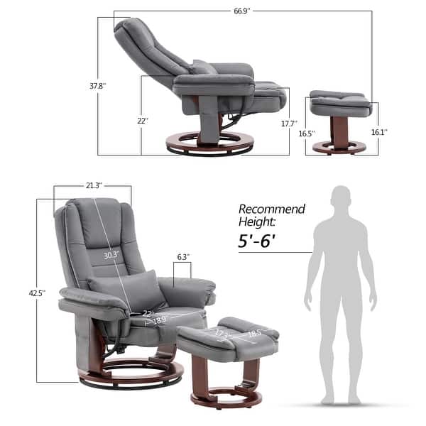 dimension image slide 2 of 3, MCombo Swivel Recliner with Ottoman, Vibration Massage Lumbar Pillow