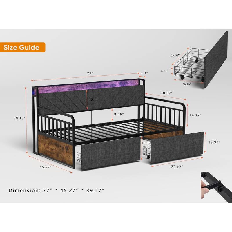 Compact Twin Daybed with Upholstered Headboard, Charging Station, and RGB LED Lighting