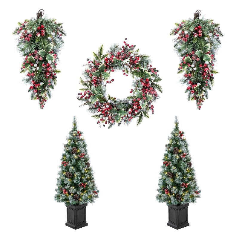 Glitzhome Christmas 5-Piece Set with Berry Leaf Wreath, Teardrop and 4/5ft Potted Trees for Entrance Decoration - 5PK-4ftTrees&Swags&Wreath