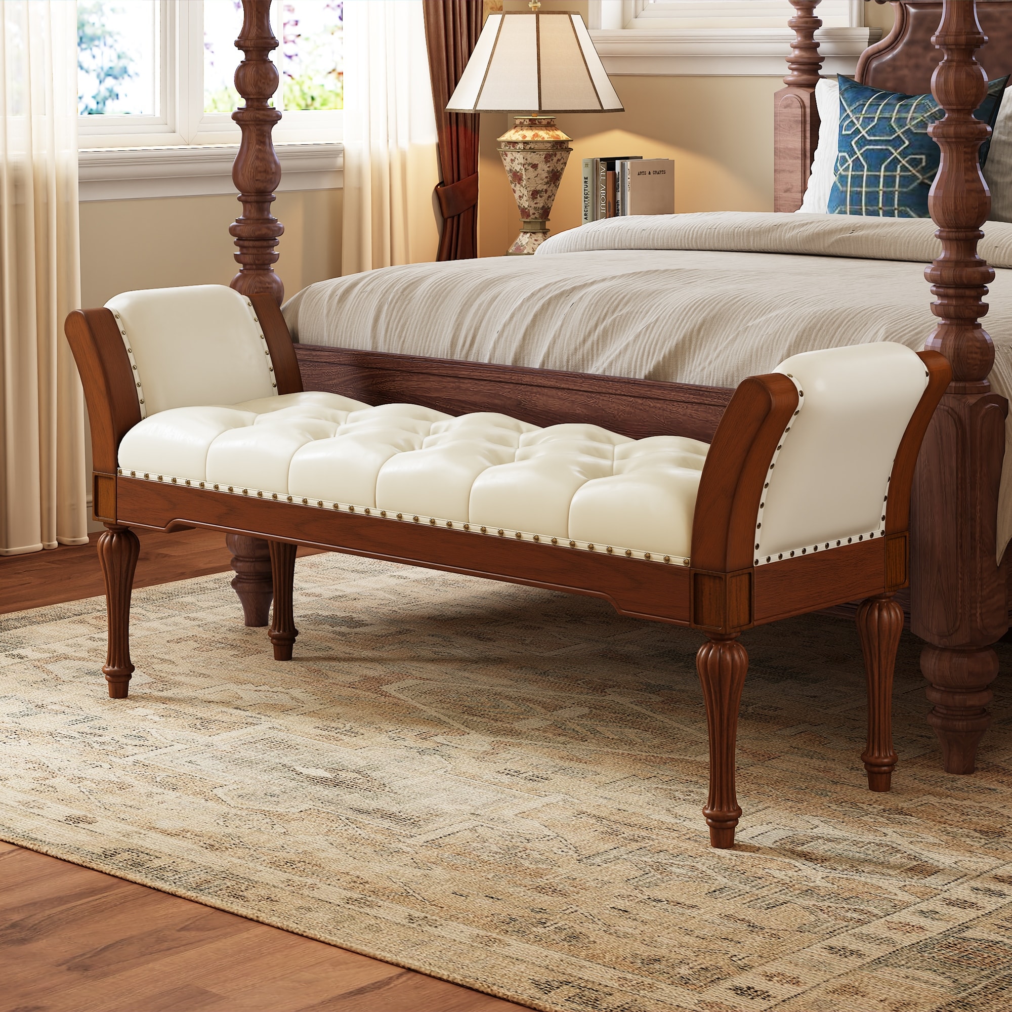 Christopher Knight Home - Mid-Century Classic Upholstered End-of-Bed Bench, Sleek Button-Tufted PU Leather Seat with Rolled Arms