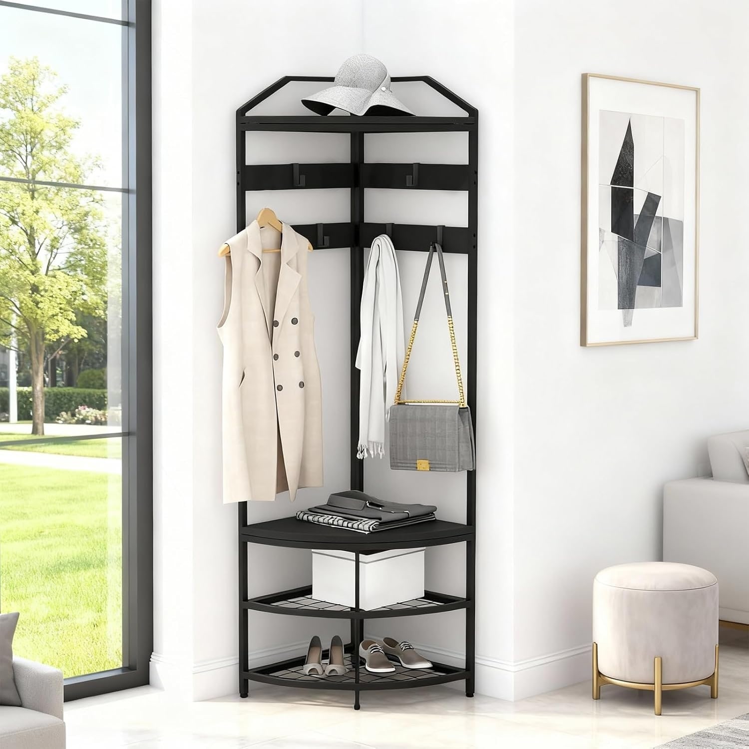 Corner Hall Tree with Mesh Shelves & Storage, Anti-Toppling, Freestanding Metal Clothes/Shoe Organizer for Entryway