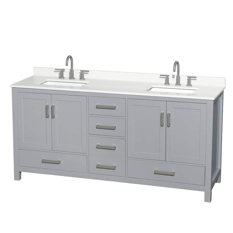 Sheffield 72-inch Double Vanity, 3 Hole Quartz Top - Gray, Chrome Trim, White Quartz Top