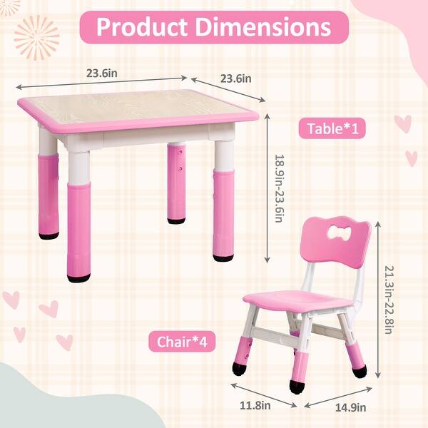 dimension image slide 6 of 7, Kids Table and Chairs Set Height Adjustable Desk with 4 Seats