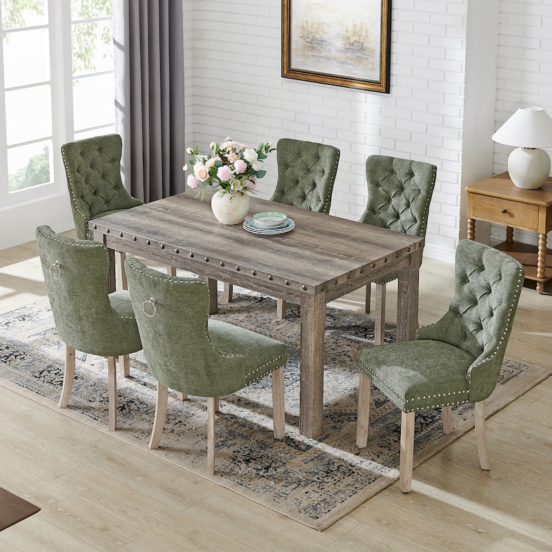 Mordern Fort Vintage Dining Table Set, Tufted Upholstered Chairs with Studded Trim