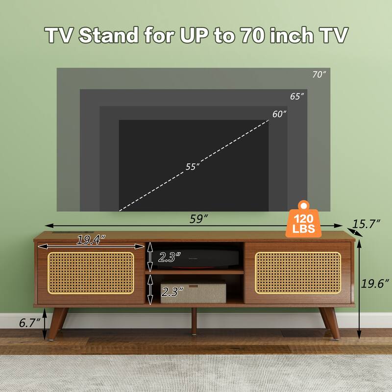 Boho Rattan TV Stand Media Storage Cabinets w/ Socket & USB Ports