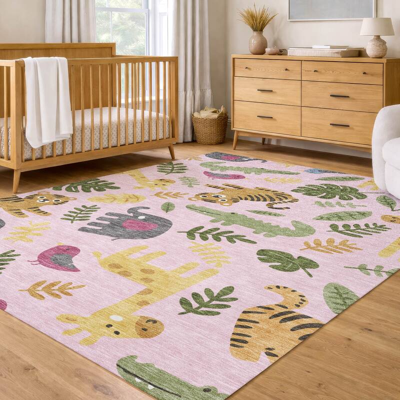 Machine Washable Indoor/ Outdoor Whimsy Safari Animals Chantille Rug