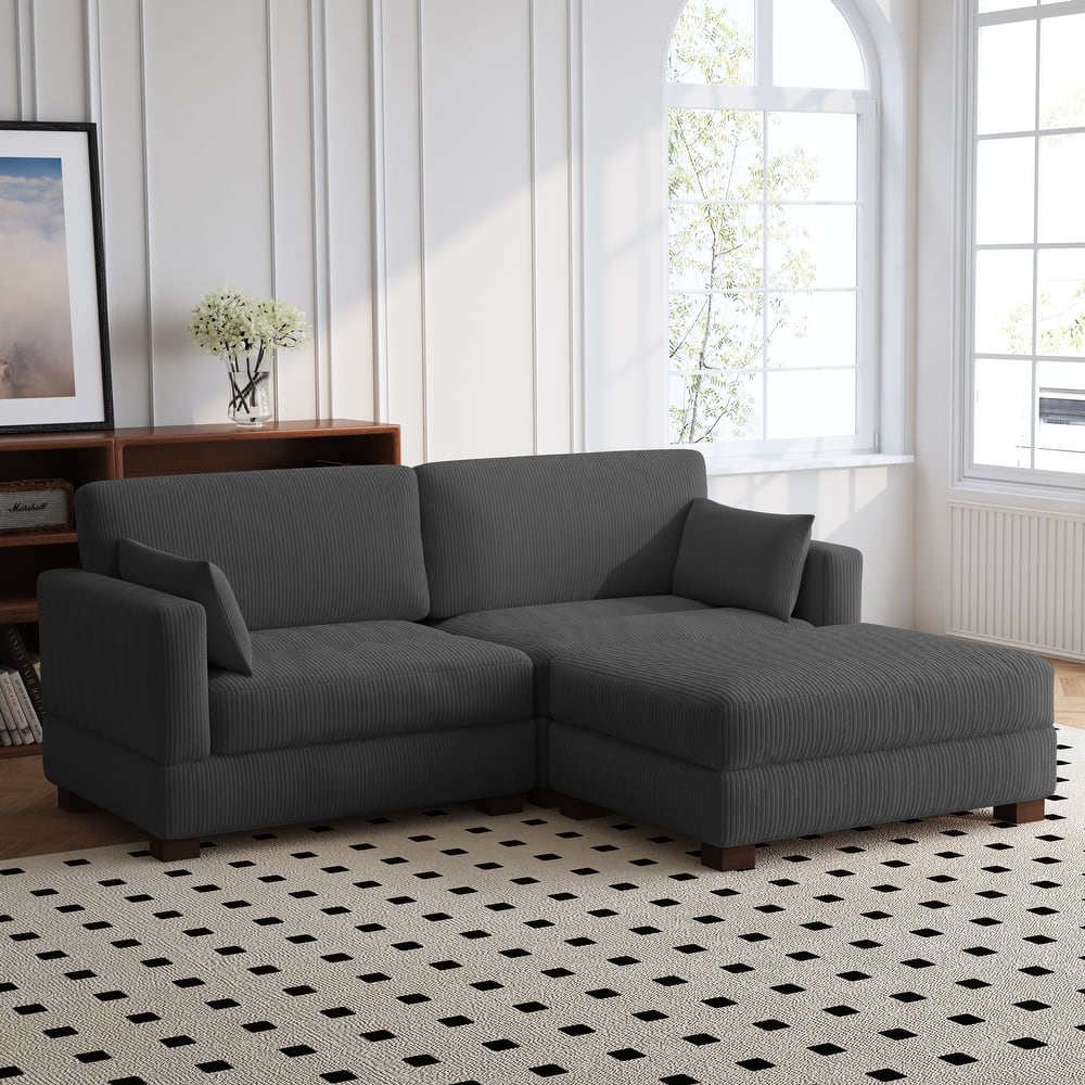 84'' L-Shaped Corduroy Comfy Couch Modular Sectional Sofa With Ottoman