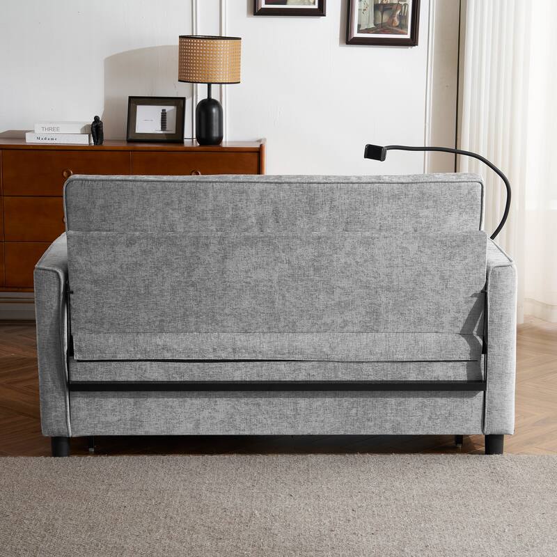 Modern Convertible Sofa Bed Pull-Out Loveseat with USB Ports, Grey Padded Sleeper Sofa with Adjustable Backrest