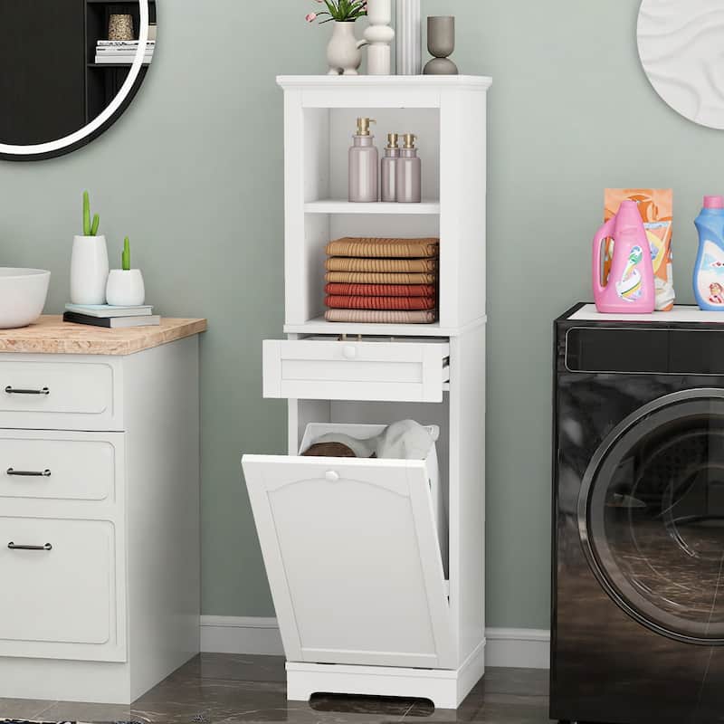 53 Inch Tall Tilt Out Laundry Hamper Cabinet with Hidden Basket and Storage Drawer - White