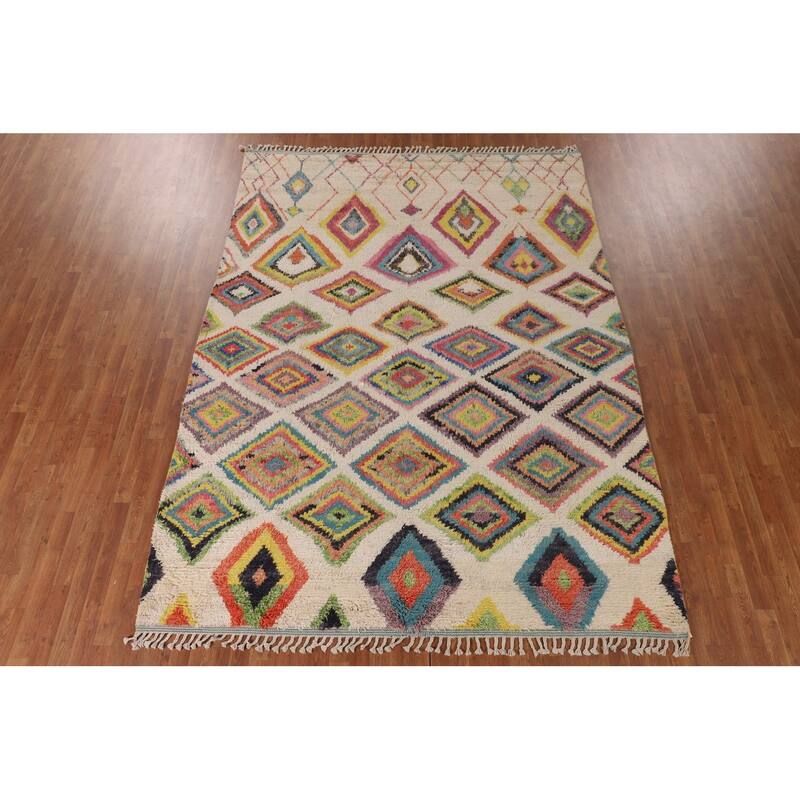 Geometric Moroccan Pakistan Area Rug Handmade Wool Carpet - 7'11" x 10'10"