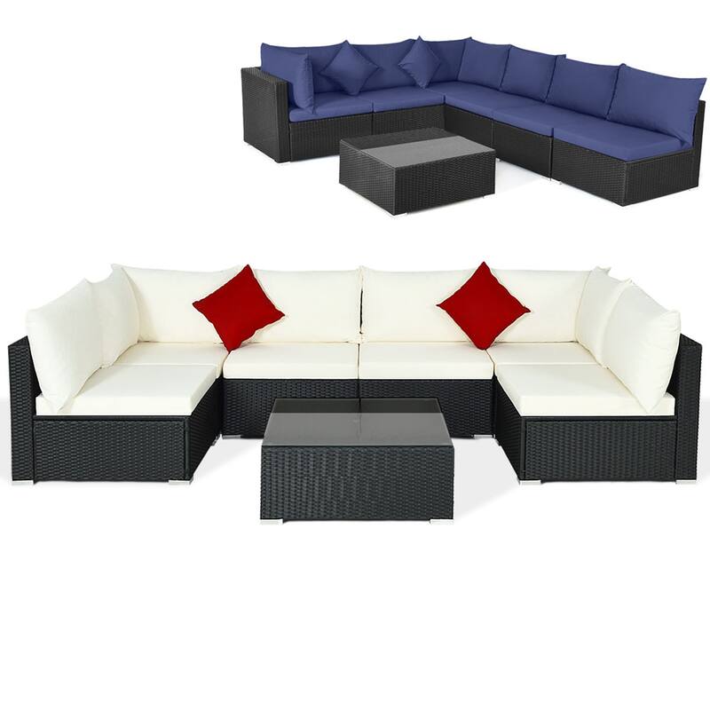 7 PCS Patio Furniture Set Outdoor Rattan Conversation Set w/ Table - Brown+Navy+White