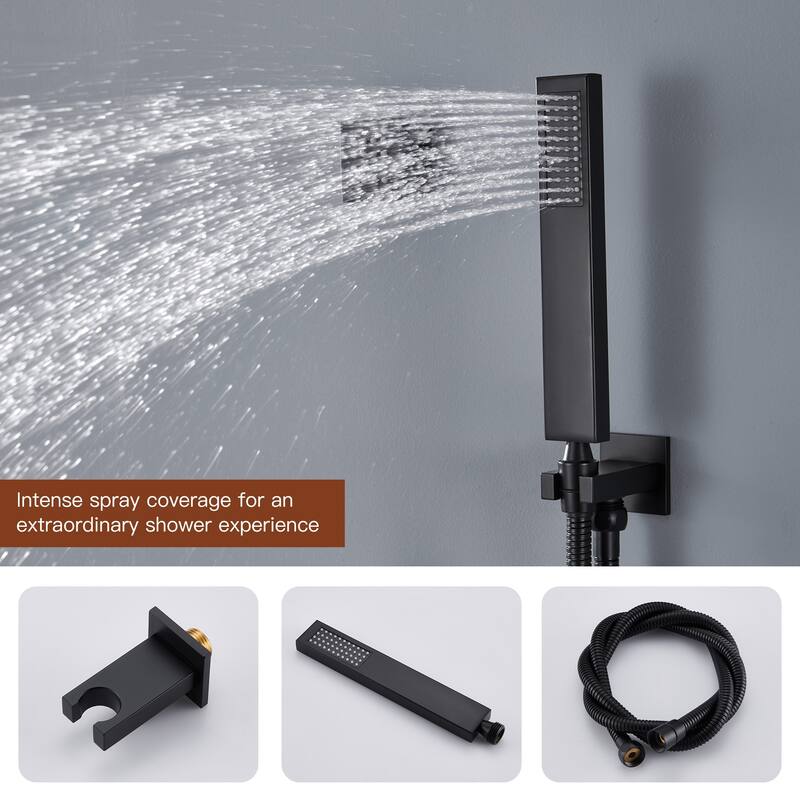 Luxury 4-Spray Patterns 23 in. Ceiling Mount Shower System with Handheld Shower Head, 6 Body Jets, LED, and Music - 15" x 23"