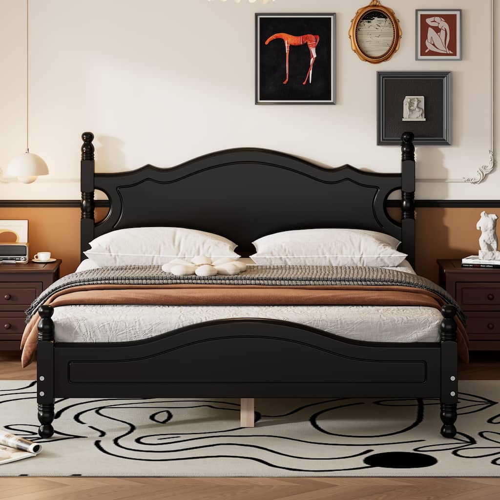 Queen Size Retro Platform Bed Solid Wood Platform Bed Frame with Headboard and Footboard, Classic Wood Slat Support Bed, Black