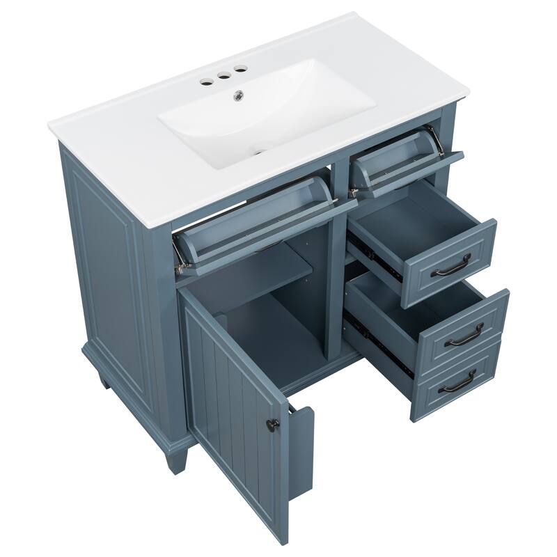 36 Inch Bathroom Vanity with Ceramic Sink Top, Solid Wood Frame, MDF & Poplar Cabinet, Flip Drawers, Adjustable Shelf