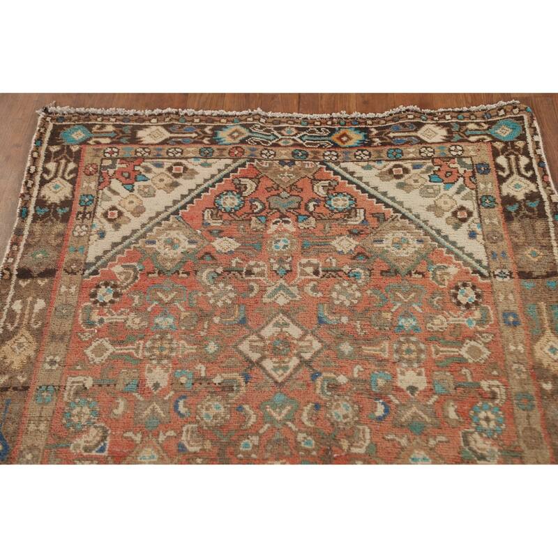 Hamedan Persian Vintage Runner Rug Handmade Geometric Wool Carpet - 3'5"x 9'9"